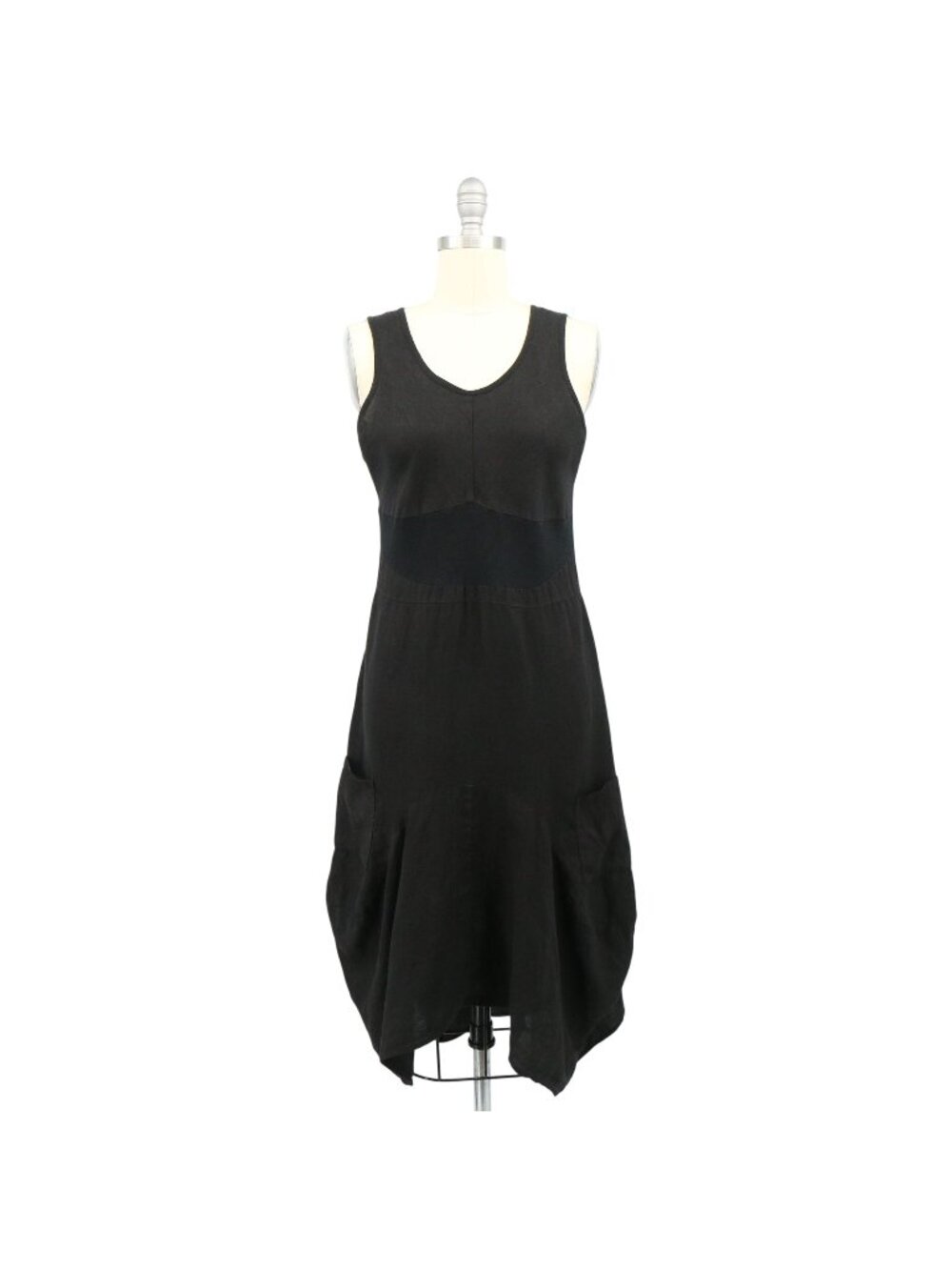 Luna Luz Black Linen Rib Knit Asymmetrical Hem Lagenlook Tank Dress S